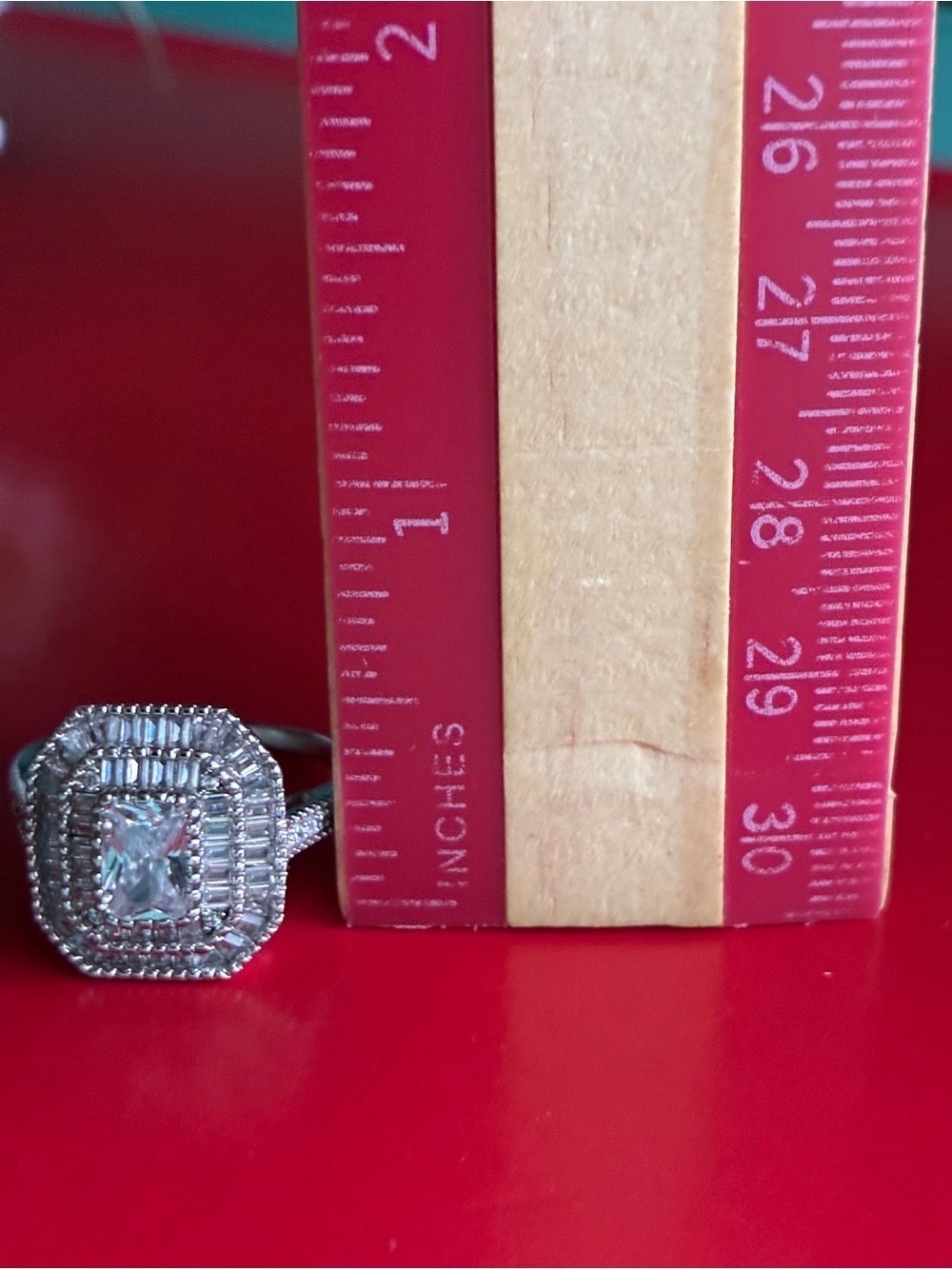 925 Silver-Tone Clear Multi-Halo Emerald-Cut Ring - Picture 2 of 8